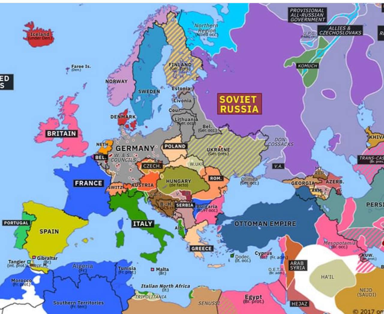 Карта Европы 1918 года политическая