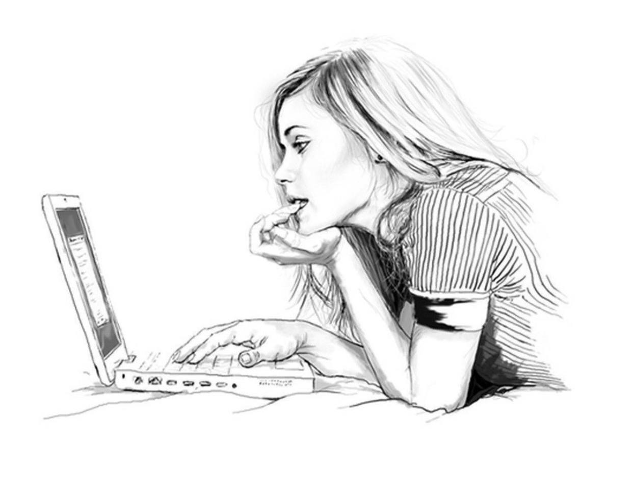 Забей в интернете. Нарисованная девушка с телефоном. Человек за компьютером рисунок. Скетч девушка за компьютером. Нарисованная девушка компьютер.